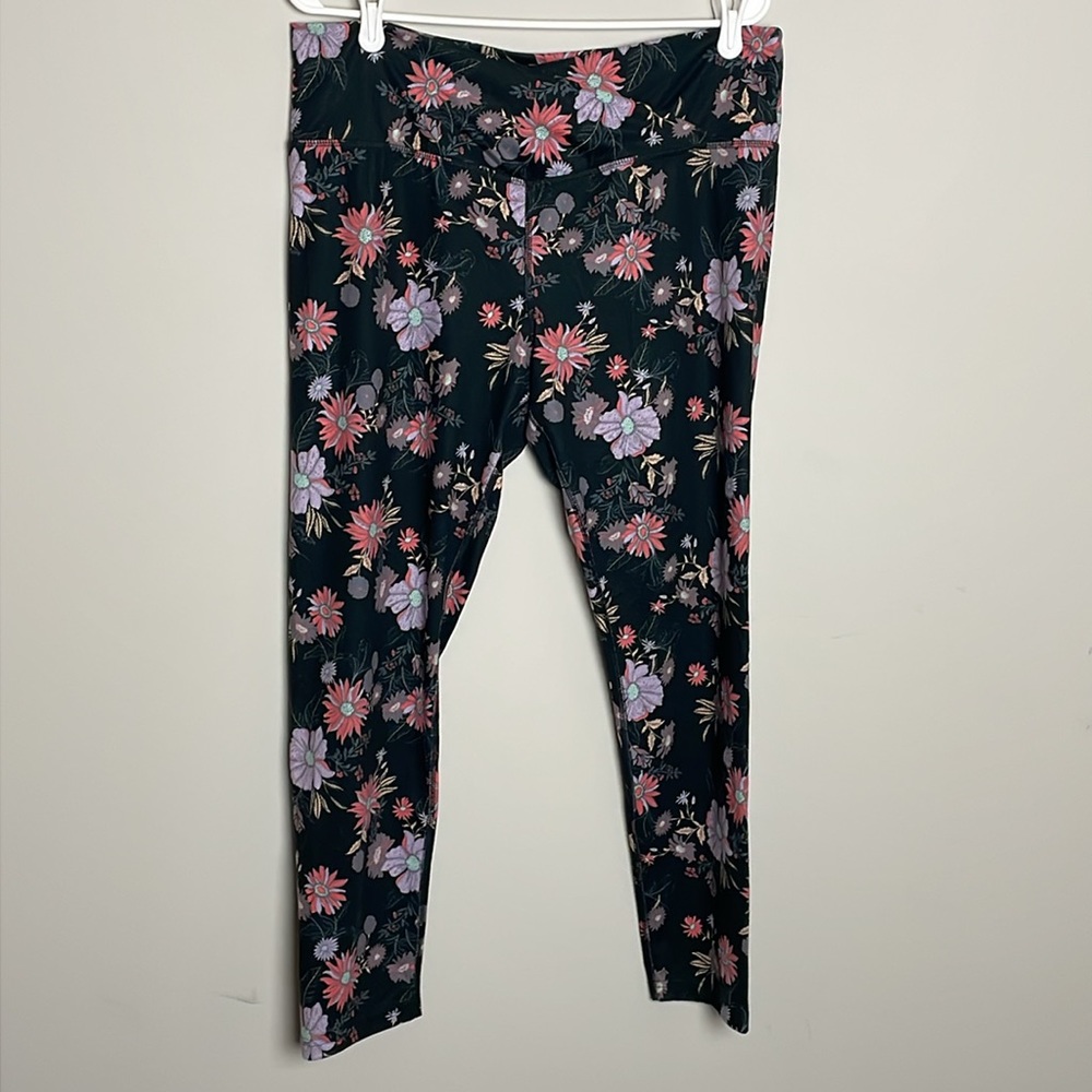 SO Black Leggings with Pink & Peach & Lavender Flower Print-wrap waist- XL